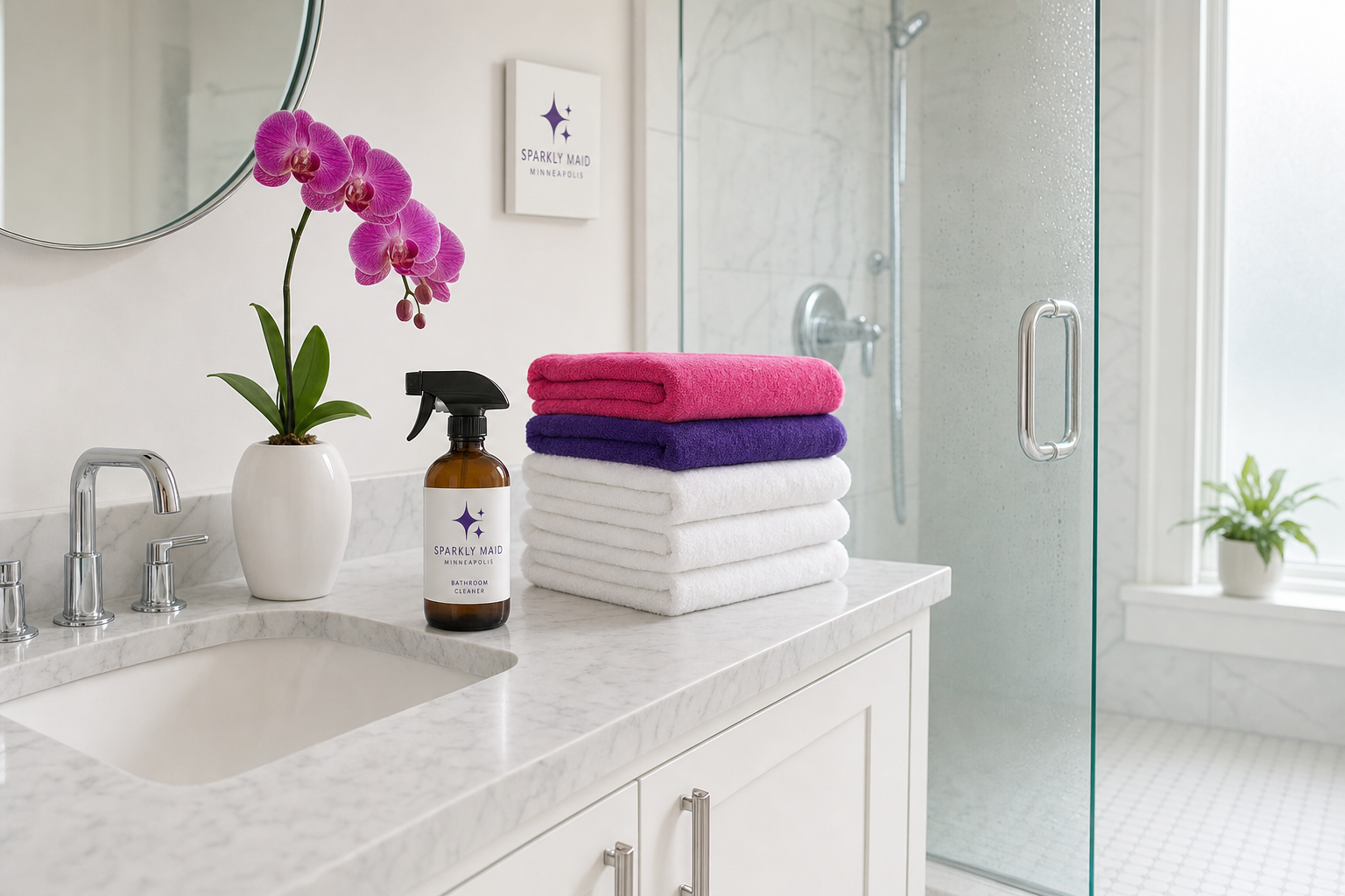 Sparkling clean modern bathroom with pink and purple Sparkly Maid microfiber towels and a branded amber spray bottle