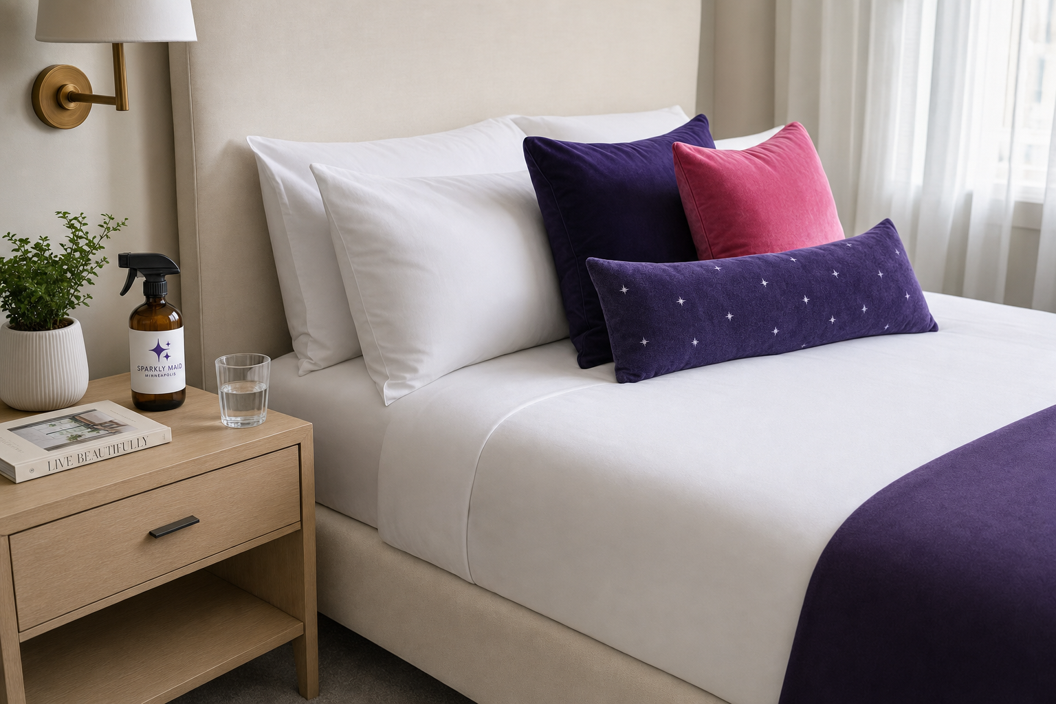 Beautifully made-up bedroom with purple and pink accent pillows and a Sparkly Maid spray bottle on the nightstand