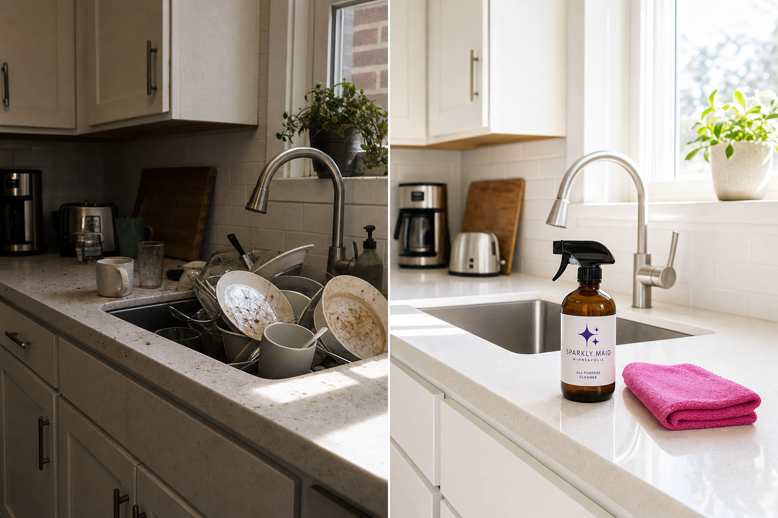 Side-by-side before and after of a Minneapolis kitchen counter cleaned by Sparkly Maid