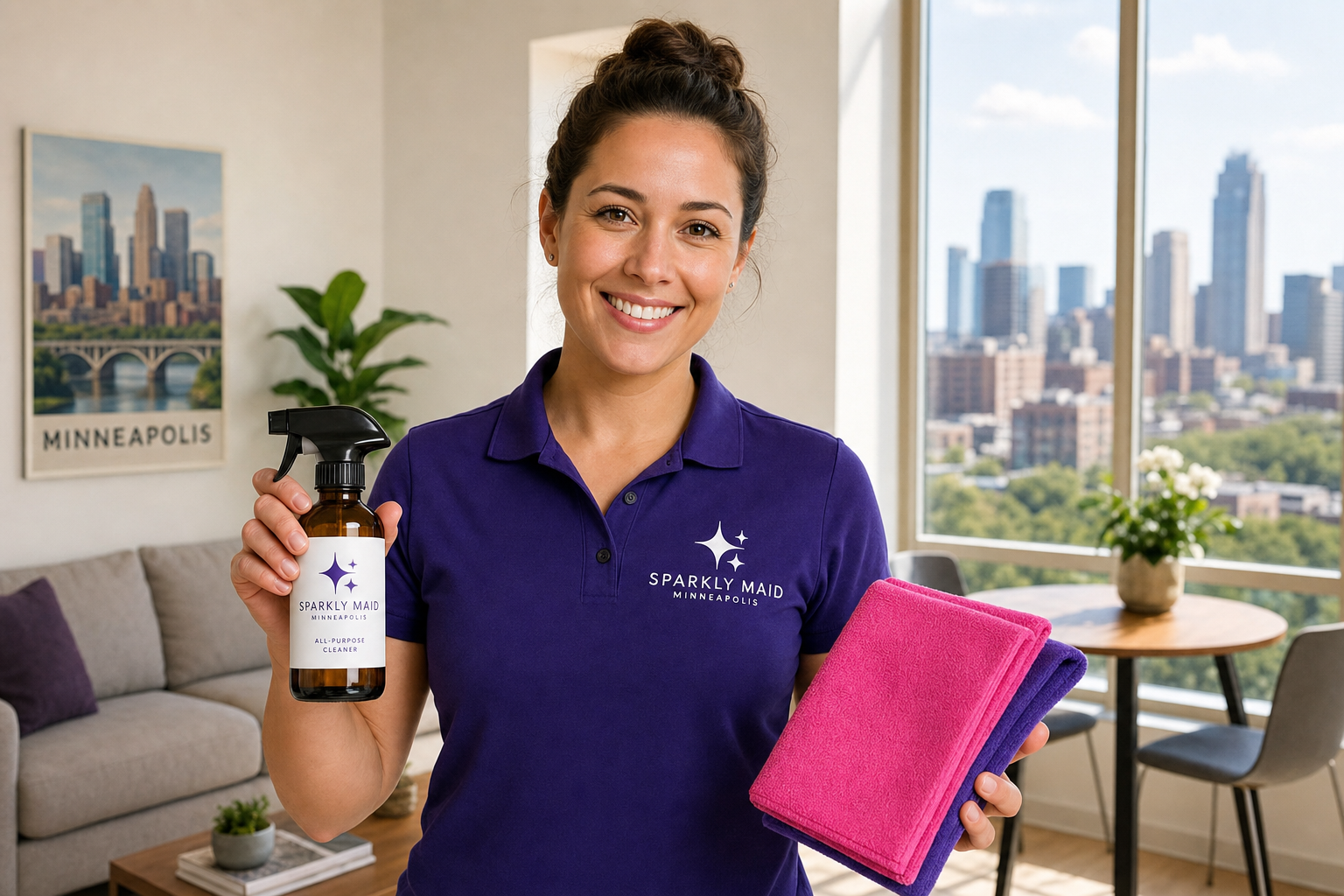 A friendly Sparkly Maid Minneapolis cleaner in a purple branded polo holding a Sparkly Maid spray bottle and a pink microfiber cloth