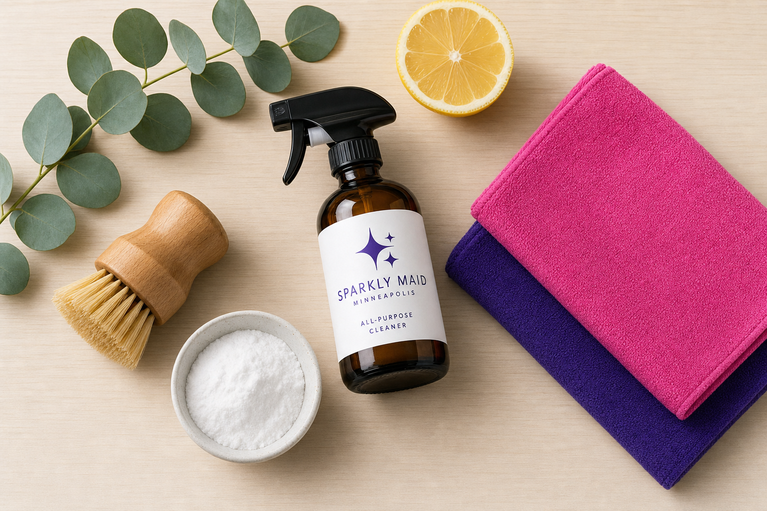Flat-lay of Sparkly Maid amber spray bottle with pink and purple microfiber cloths