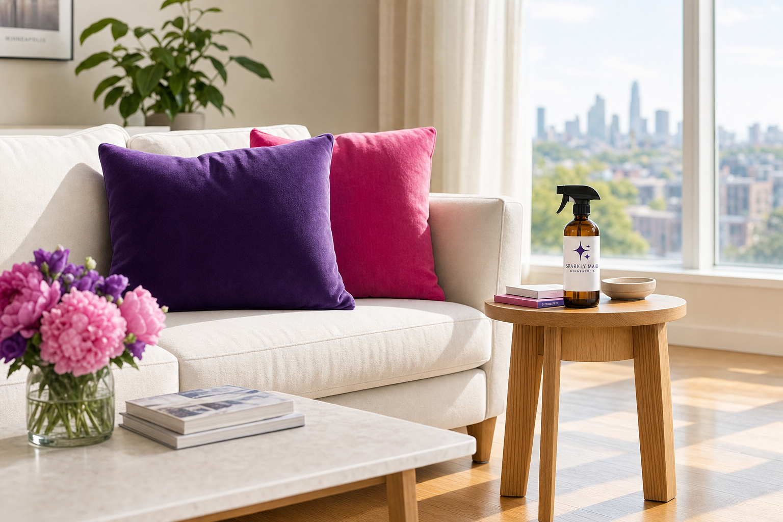 Bright, sun-filled Minneapolis living room with purple and pink accent pillows and a Sparkly Maid spray bottle on a side table