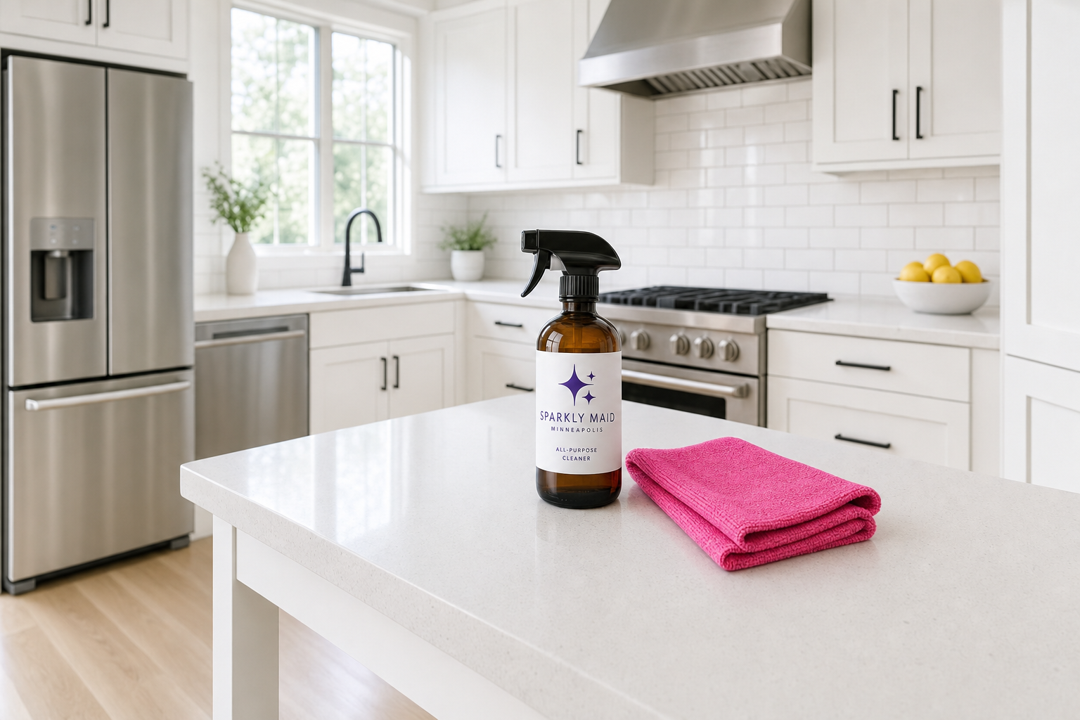 Pristine white Minneapolis kitchen with a Sparkly Maid all-purpose cleaner on the island