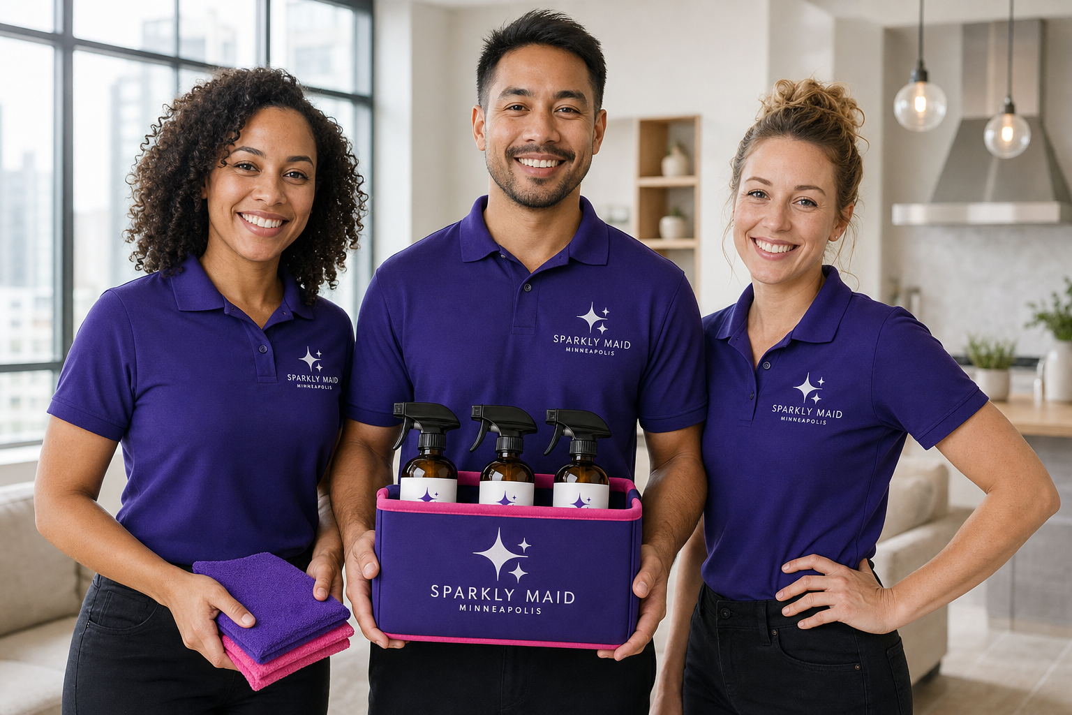 Three Sparkly Maid Minneapolis cleaners in matching purple uniforms with a branded cleaning caddy