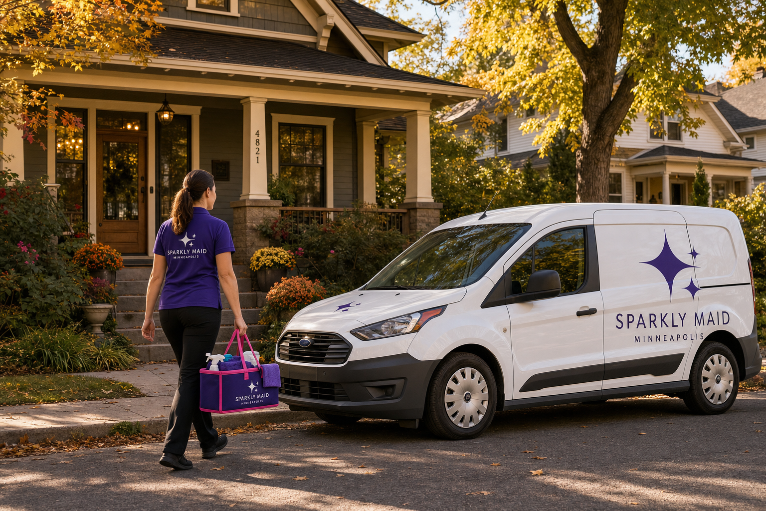 A Sparkly Maid Minneapolis branded van and cleaner arriving at a Minneapolis craftsman home